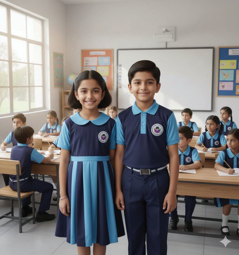A schoolgirl and schoolboy in navy and sky-blue uniforms in a classroom