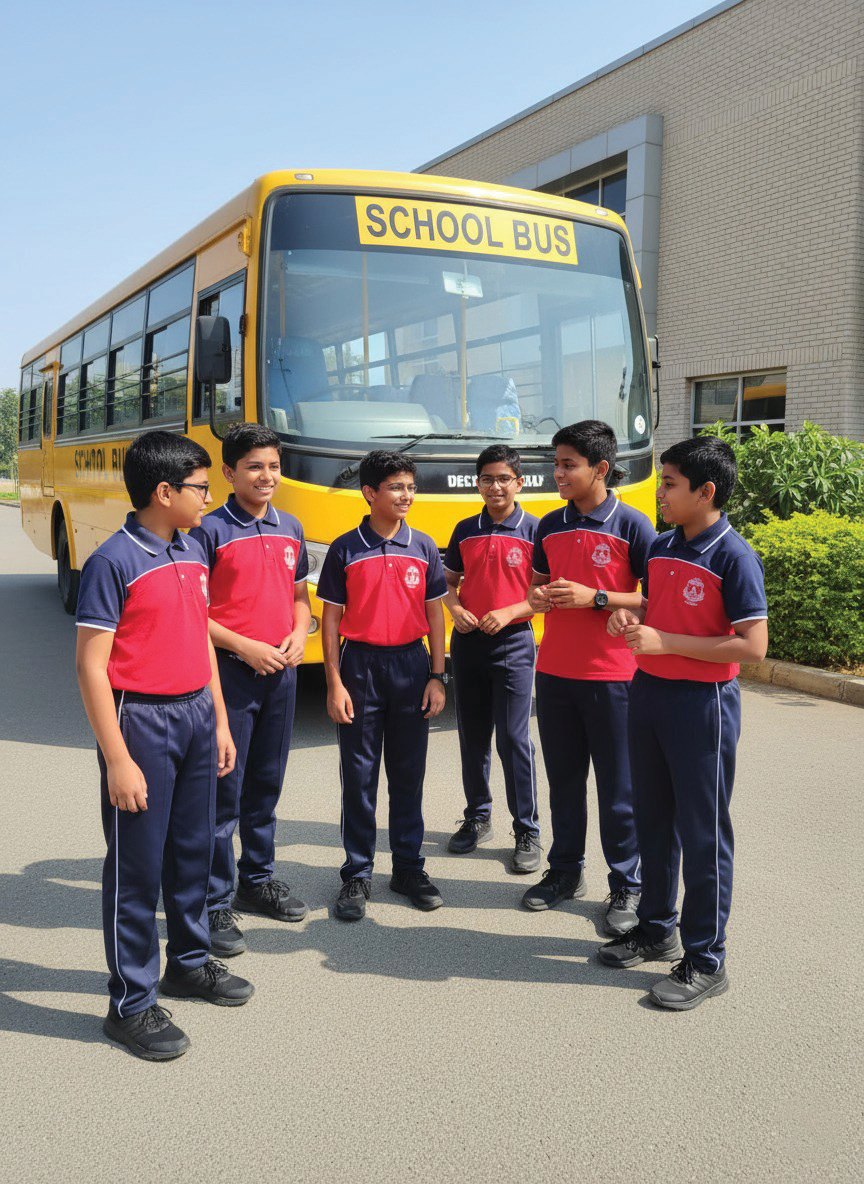 Schoolboys in red and navy polos beside a school bus