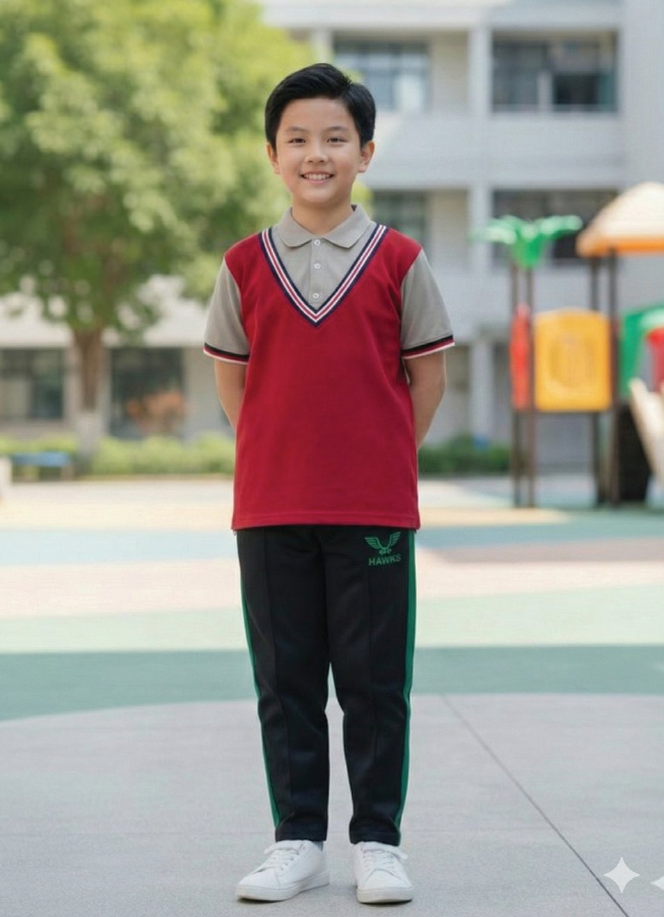 A schoolboy in a layered-look red and grey polo with track pants