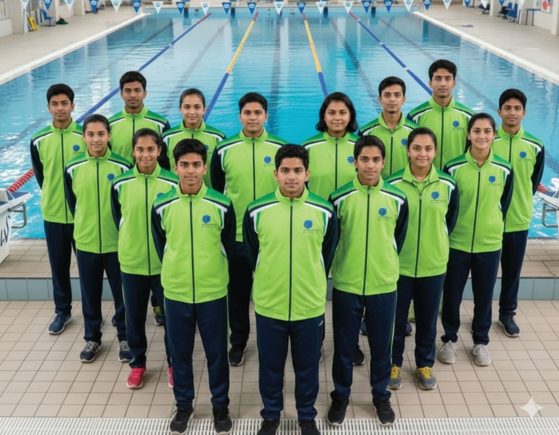 Students in green sublimation-printed tracksuits by a swimming pool