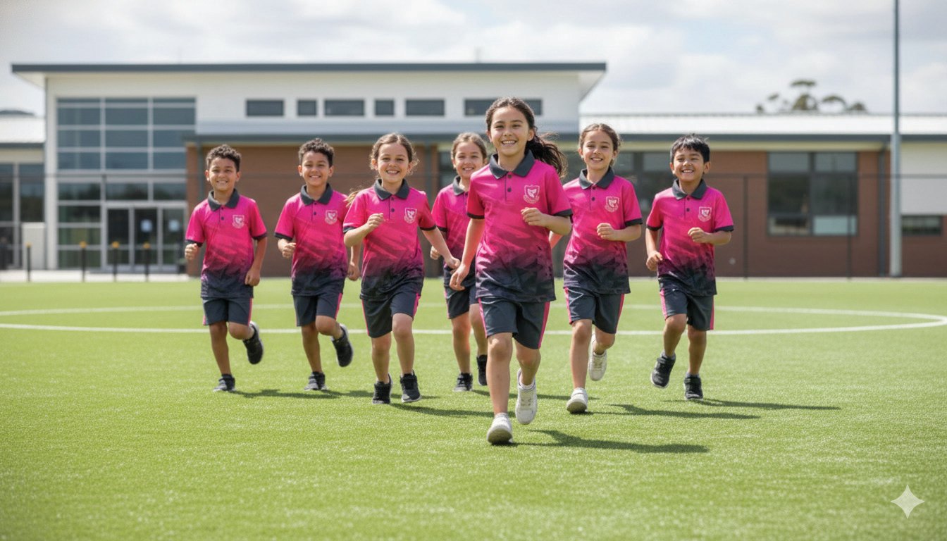Students running on a sports field in printed sports uniforms
