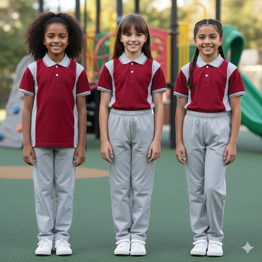 Three schoolgirls in maroon polos and grey track pants