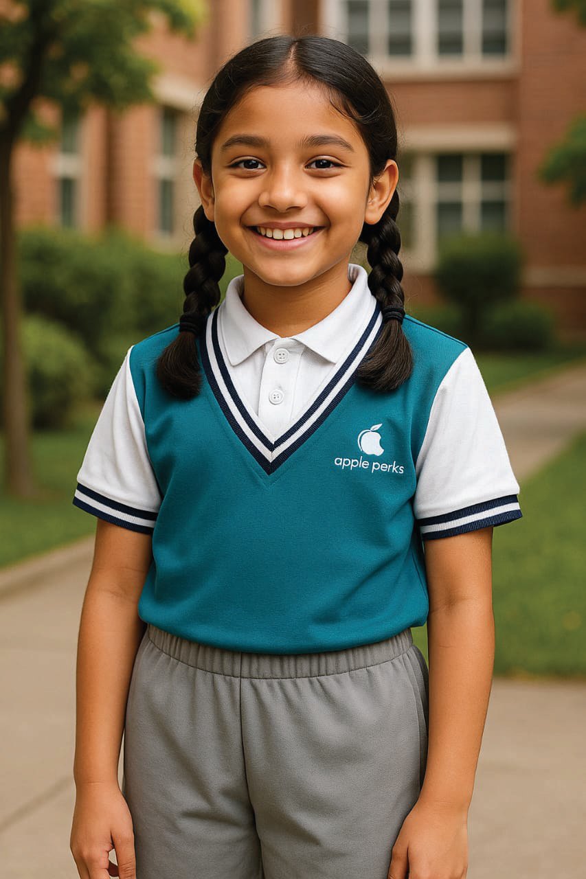 A smiling schoolgirl in a teal and white polo