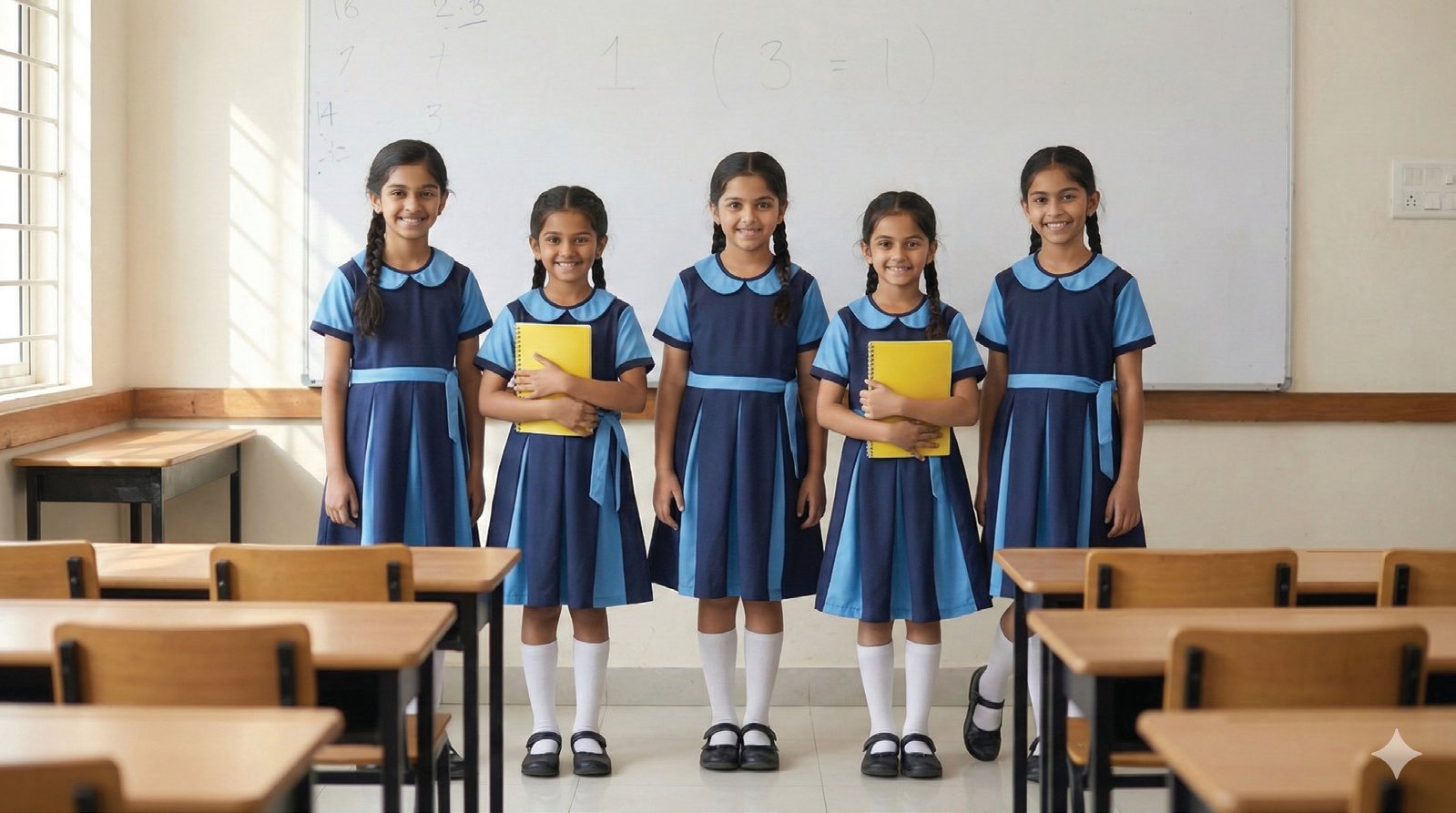 Schoolgirls in blue polo tops and pleated pinafore dresses