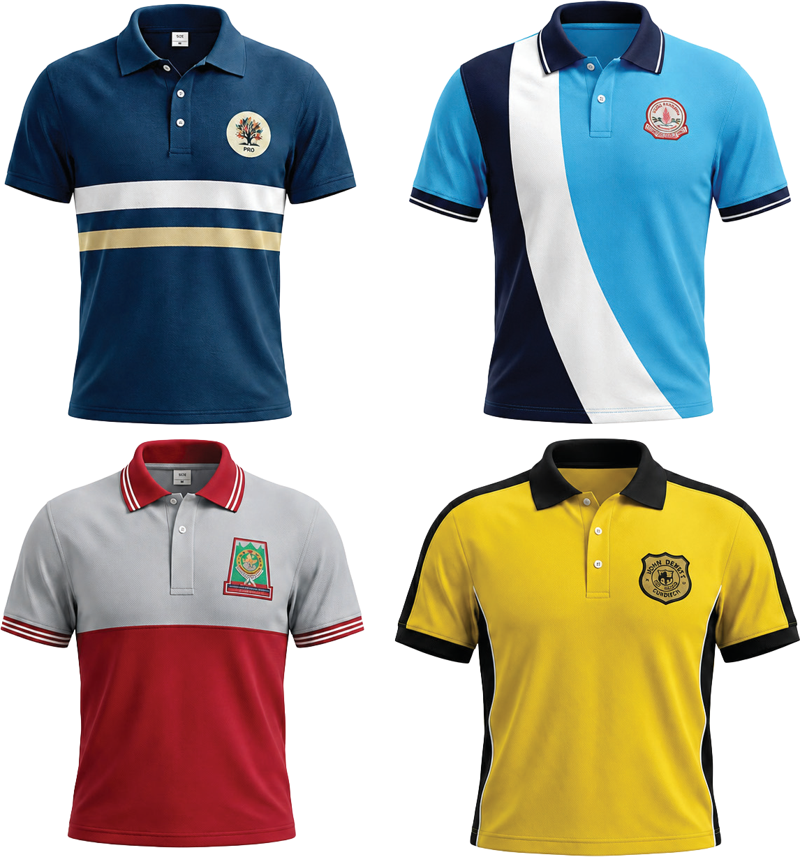 Four school polo T-shirts in navy, sky blue, red and grey, and yellow