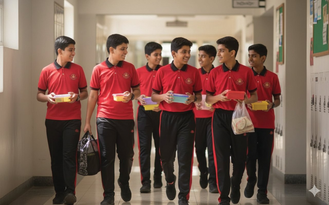 Students in red polo uniforms walking down a school corridor