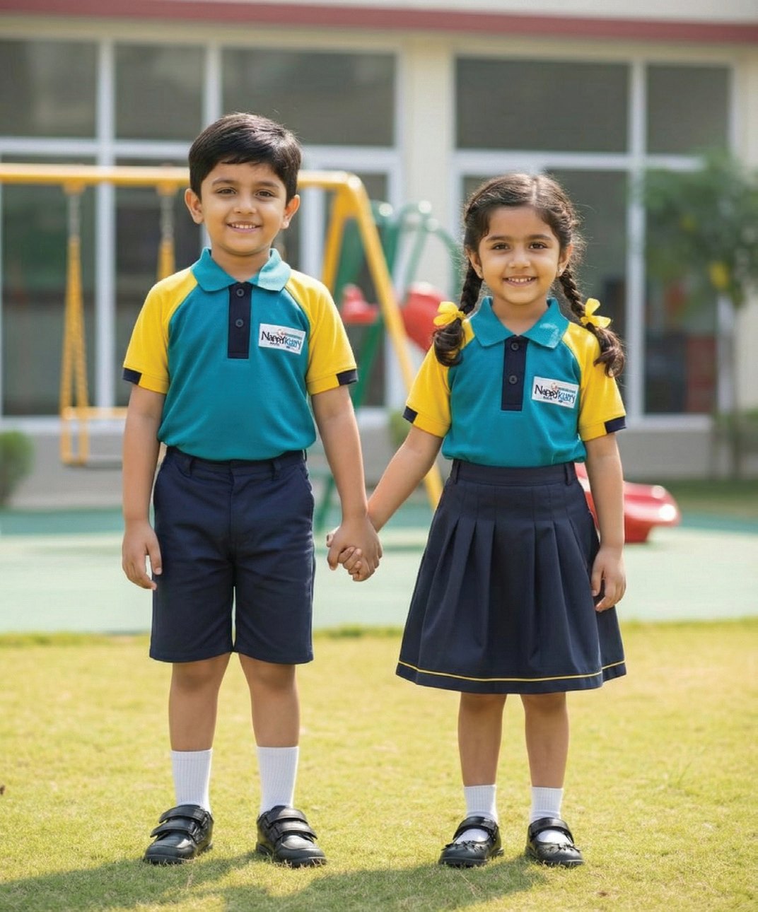 A kindergarten boy and girl in teal and yellow polos with navy shorts and skirt