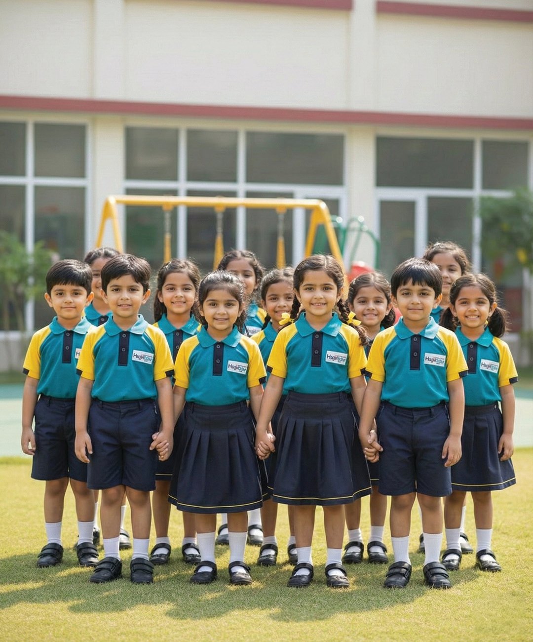 Kindergarten children in teal and navy uniform sets