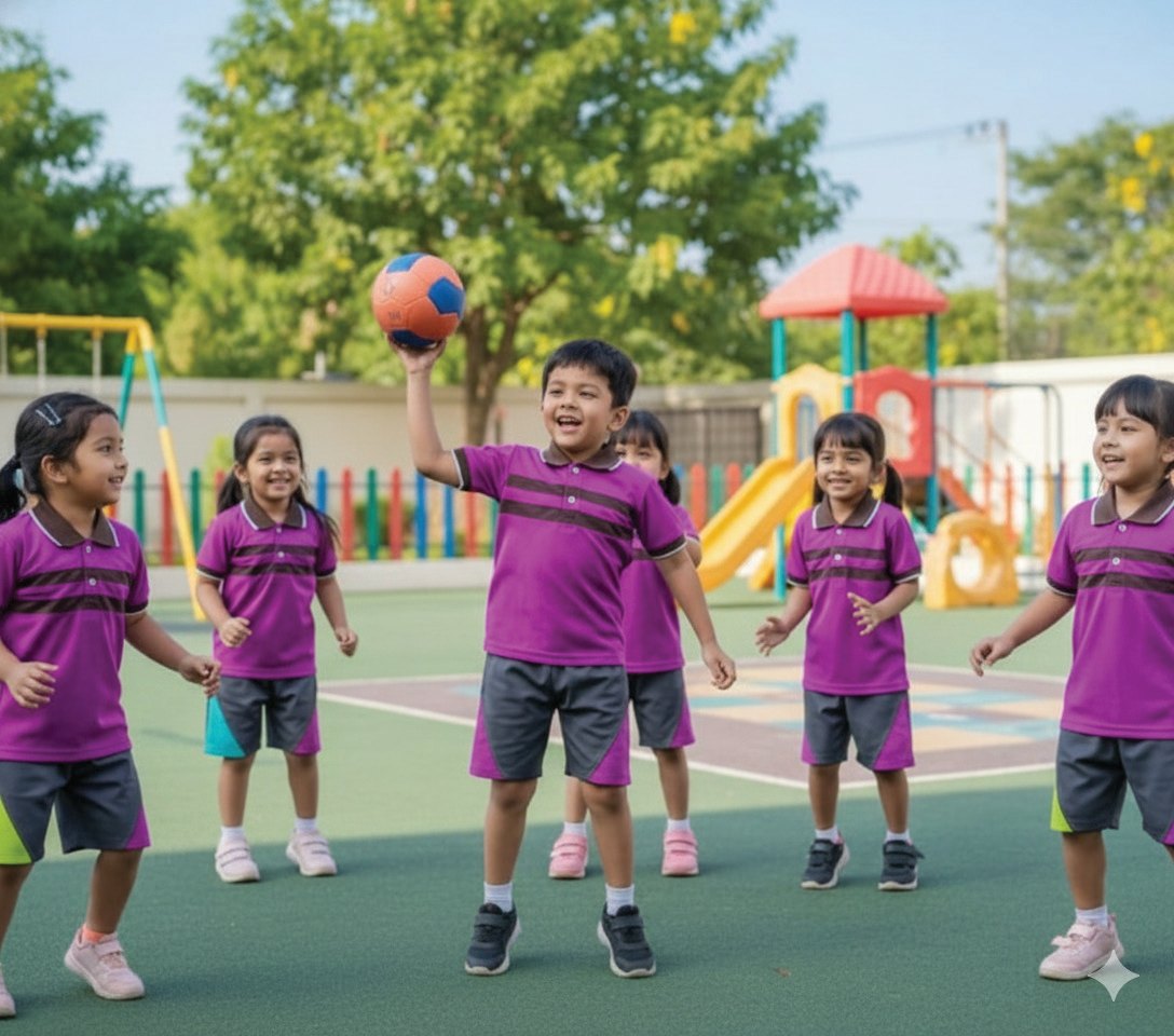 Kindergarten children playing in purple polo T-shirts